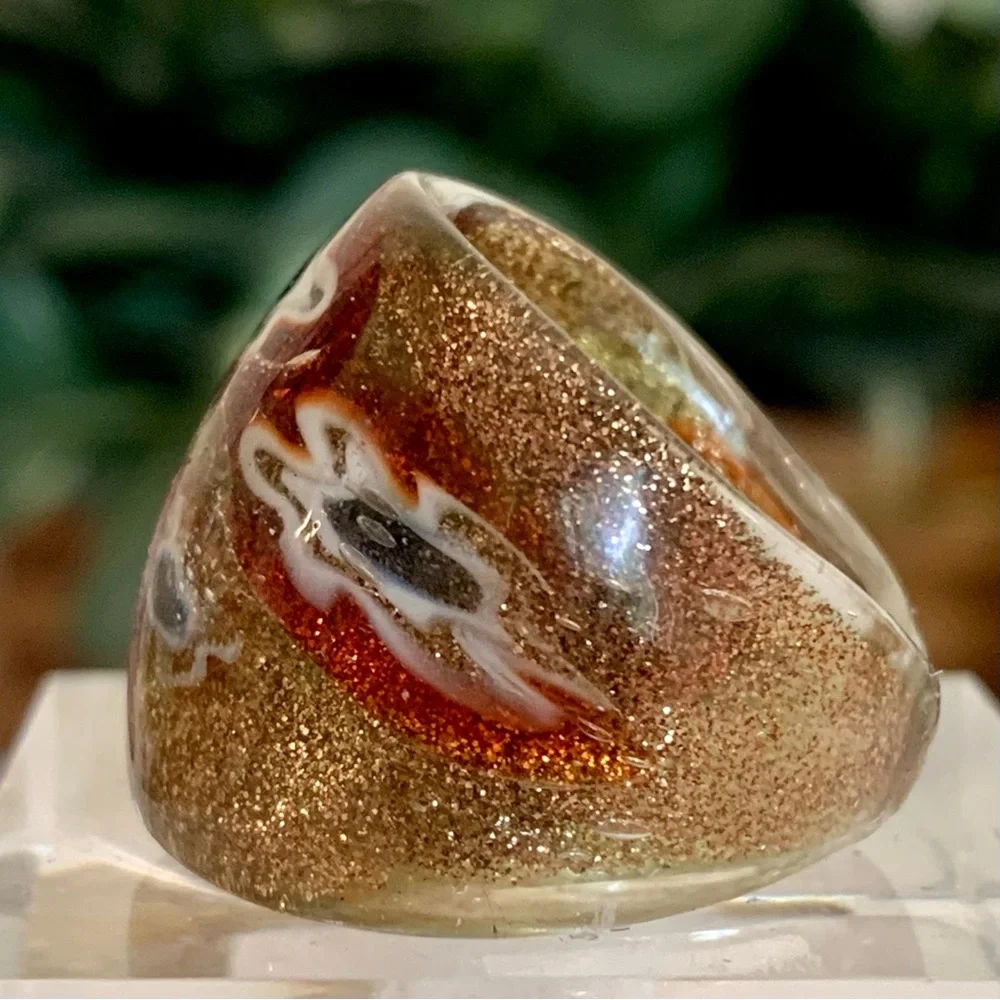 Vintage Murano Style Solid Glass Hand Blown Red Gold Millefiori Dome Ring Size 7
